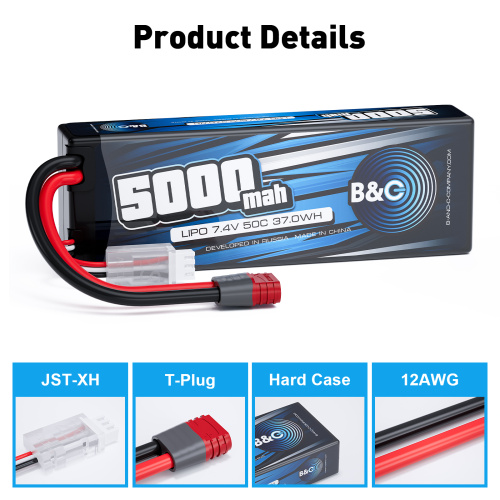 Аккумулятор Li-po B&C 5000 MAH 7.4v (2s), 50C, T-plug, Hard case фото 3